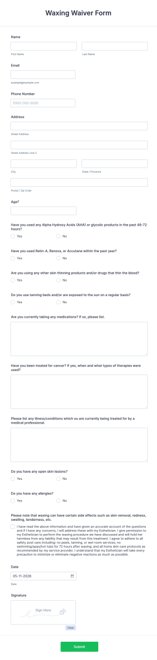 Waxing Waiver Form Template