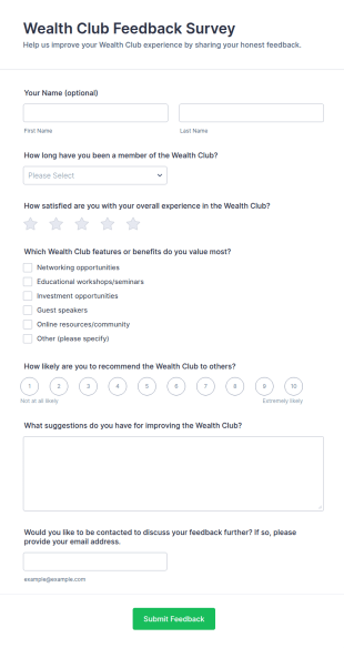 Wealth Club Feedback Survey Form Template
