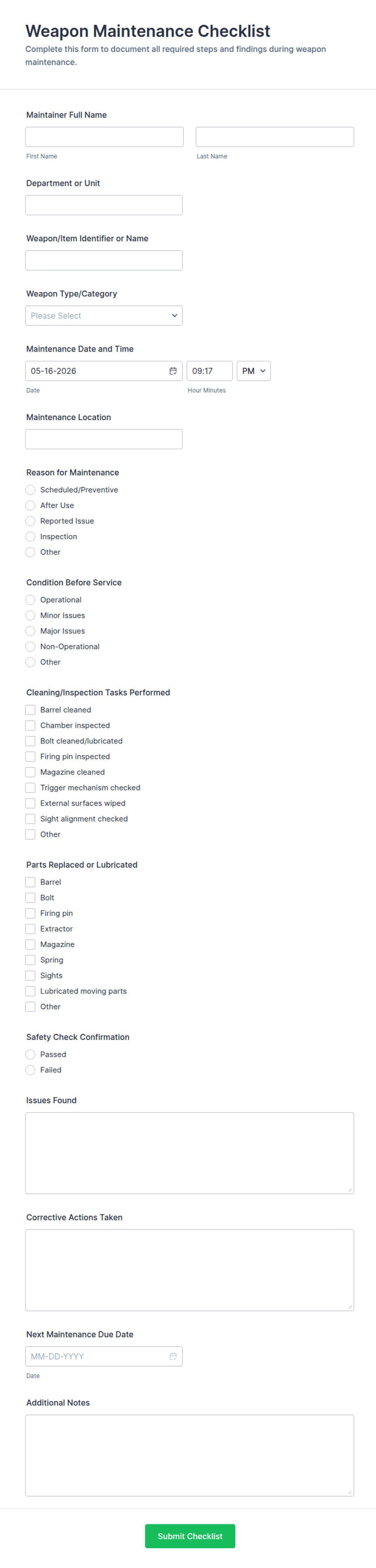 Weapon Maintenance Checklist Form Template | Jotform