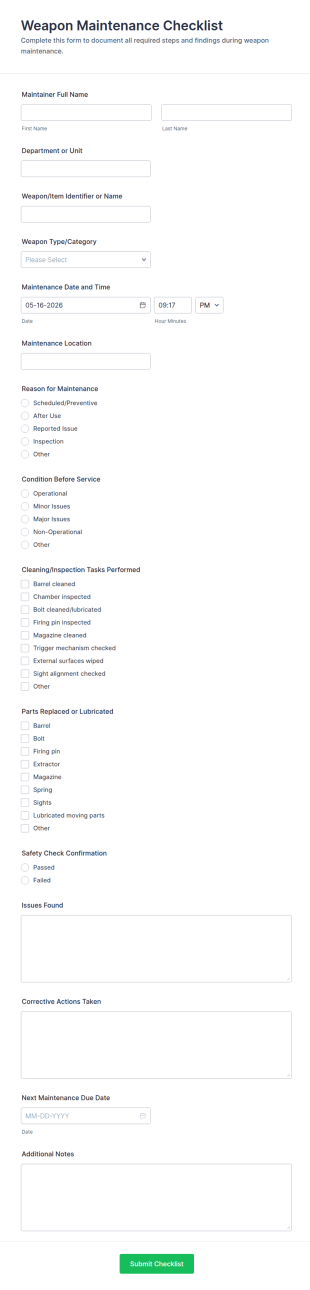 Weapon Maintenance Checklist Form Template