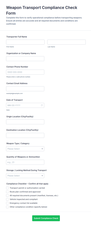 Weapon Transport Compliance Check Form Template
