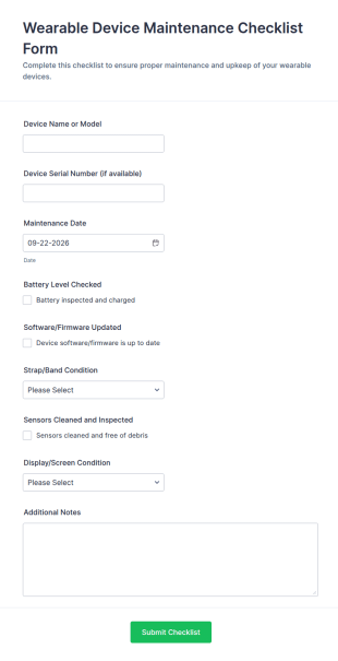 Wearable Device Maintenance Checklist Form Template