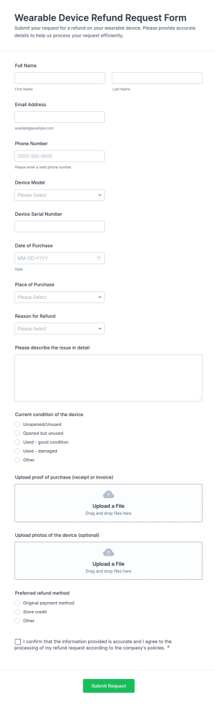 Wearable Device Refund Request Form Template