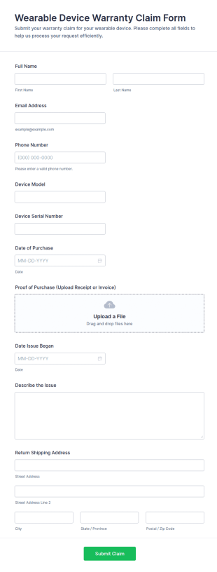 Wearable Device Warranty Claim Form Template