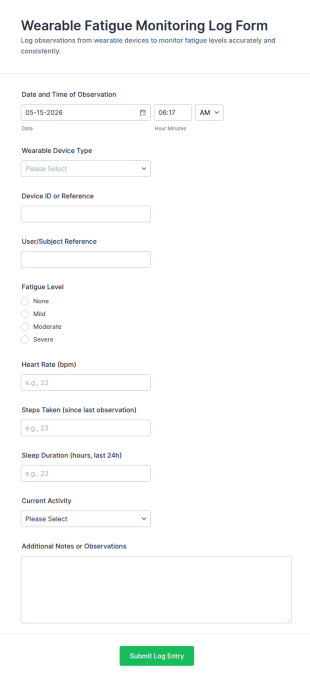 Wearable Fatigue Monitoring Log Form Template