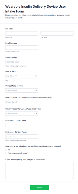 Wearable Insulin Delivery Device User Intake Form Template