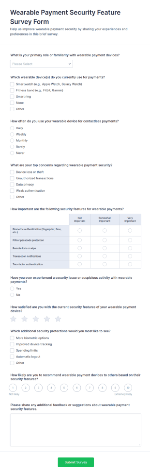 Wearable Payment Security Feature Survey Form Template