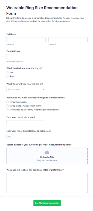 Wearable Ring Size Recommendation Form Template