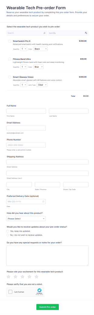 Wearable Tech Pre Order Form Template