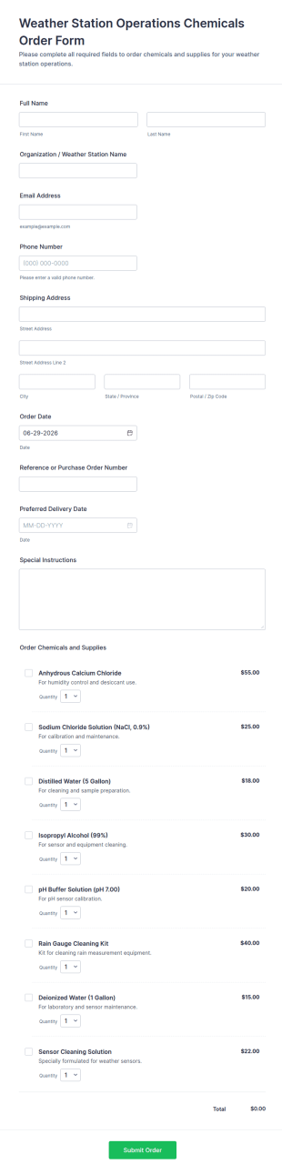 Weather Station Operations Chemicals Order Form Template