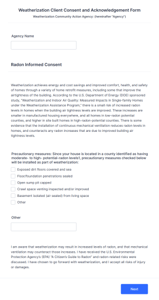 Weatherization Client Consent Acknowledgement Form Template