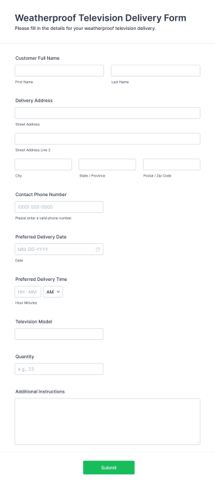Weatherproof Television Delivery Form Template