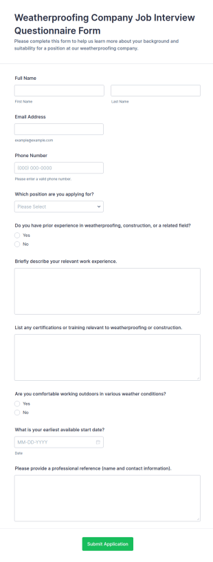 Weatherproofing Company Job Interview Questionnaire Form Template
