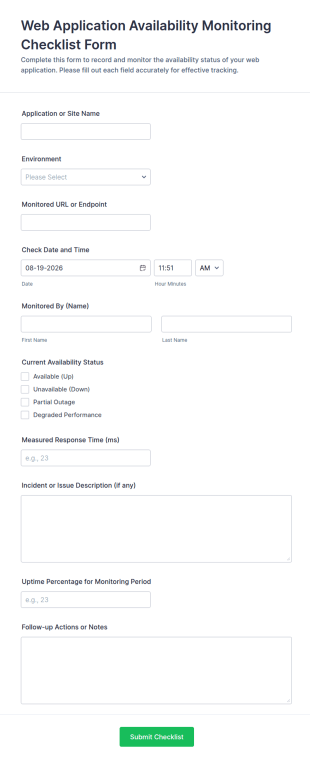 Web Application Availability Monitoring Checklist Form Template