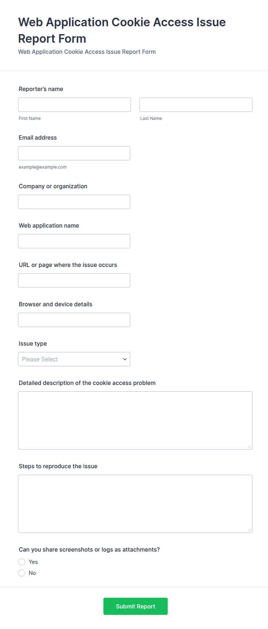Web Application Cookie Access Issue Report Form Template | Jotform