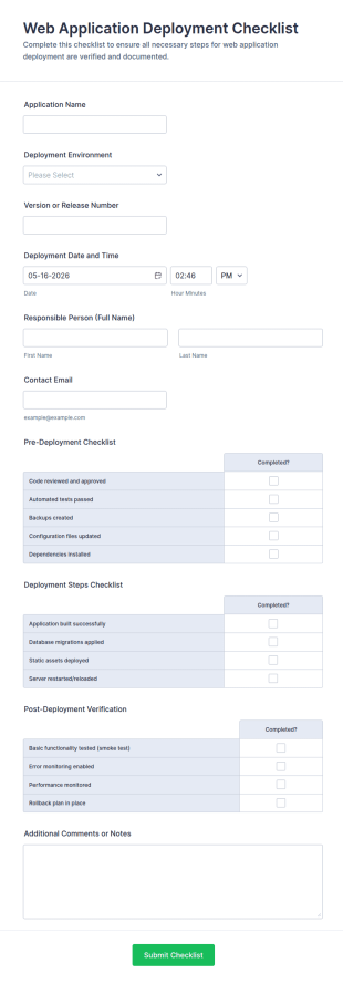 Web Application Deployment Checklist Form Template