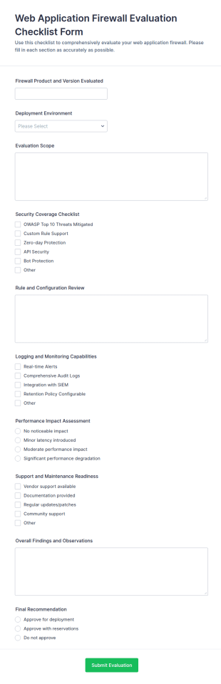 Web Application Firewall Evaluation Checklist Form Template