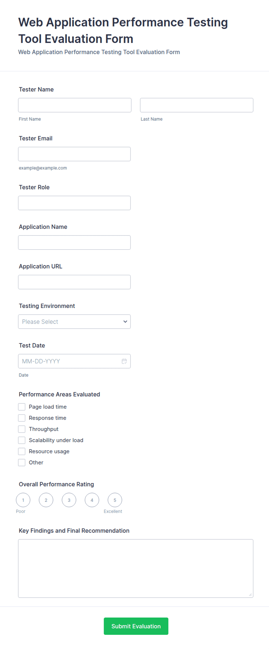 Web Application Performance Testing Tool Evaluation Form Template | Jotform