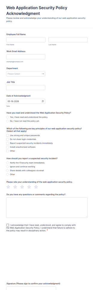 Web Application Security Policy Acknowledgment Form Template