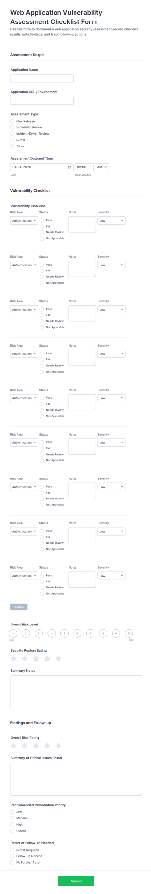 Web Application Vulnerability Assessment Checklist Form Template