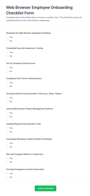 Web Browser Employee Onboarding Checklist Form Template