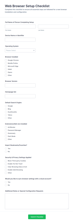 Web Browser Setup Checklist Form Template