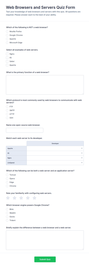 Web Browsers And Servers Quiz Form Template