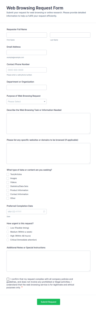 Web Browsing Request Form Template