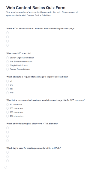 Web Content Basics Quiz Form Template
