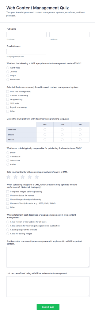 Web Content Management Quiz Form Template