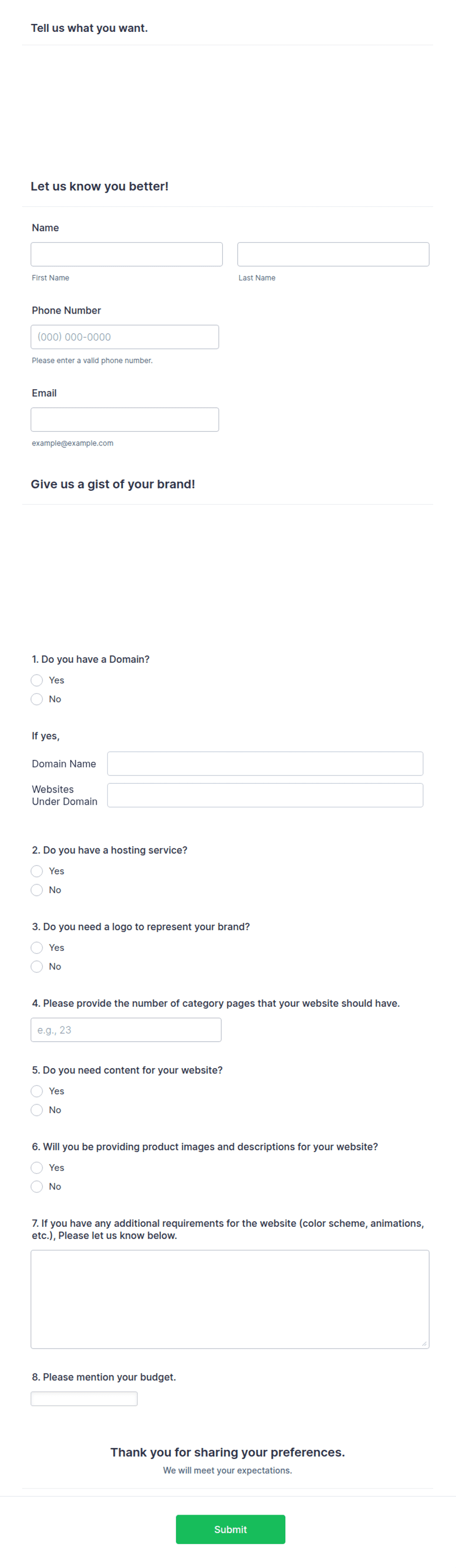 Website Development Request Form Web Design and Development Requirement Form Template | Jotform