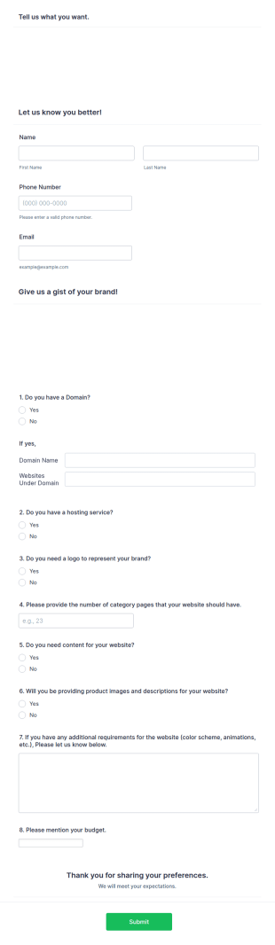 Web Design And Development Requirement Form Template