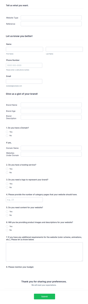 Web Design And Development Requirement Form Template