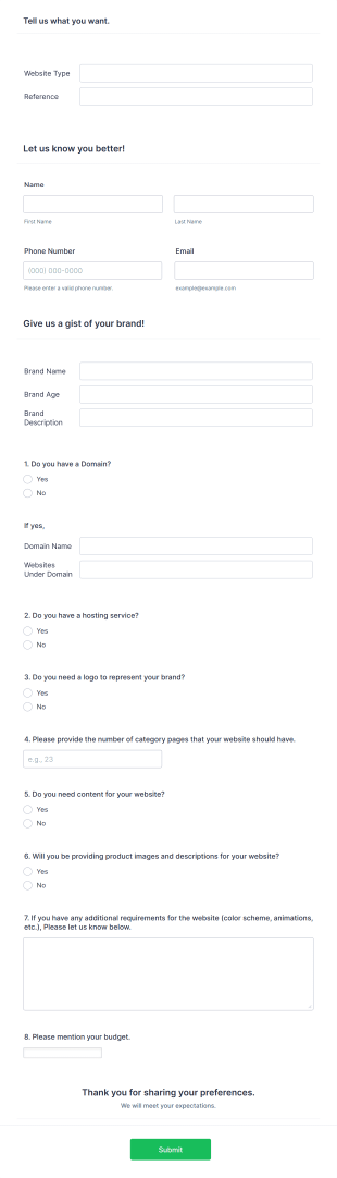 Web Design And Development Requirement Form Template