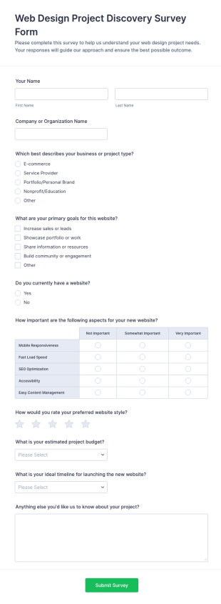Web Design Project Discovery Survey Form Template