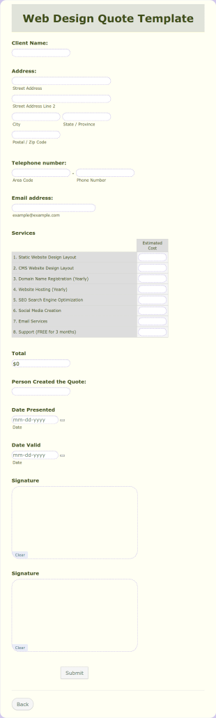 Web Design Quote Form Template