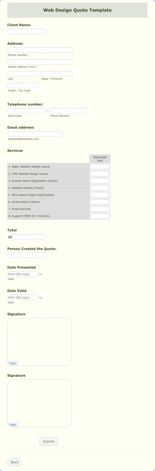 Web Design Quote Form Template