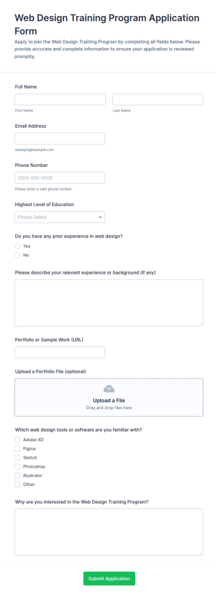 Web Design Training Program Application Form Template