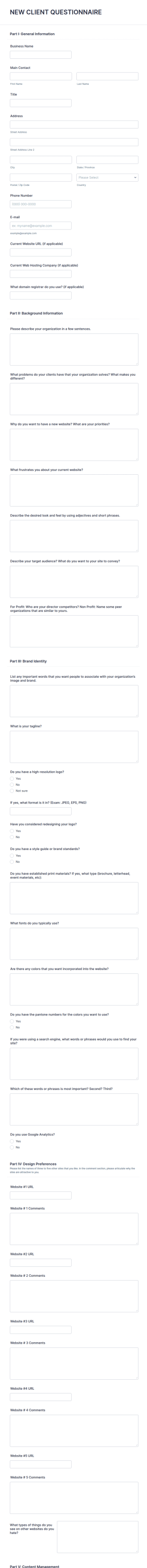 Web Designer Client Questionnaire Form Template