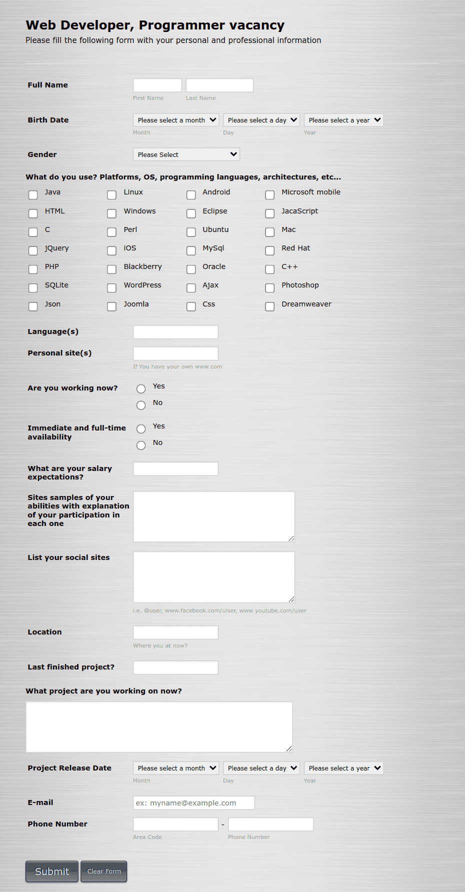 Web Developer/Programmer Application Form Template | Jotform