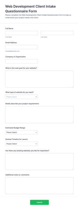 Web Development Client Intake Questionnaire Form Template