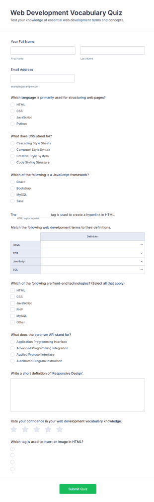 Web Development Vocabulary Quiz Form Template
