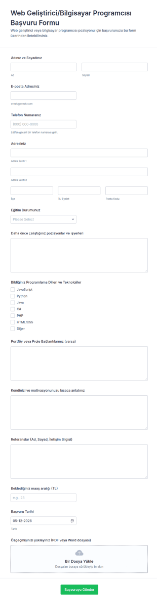 Web Geliştirici/Bilgisayar Programcısı Başvuru Form Şablonu