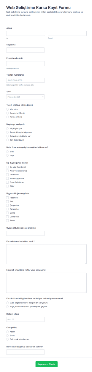Web Geliştirme Kursu Kayıt Form Şablonu