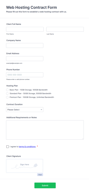 Web Hosting Contract Form Template