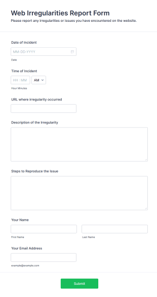 Web Irregularities Report Form Template