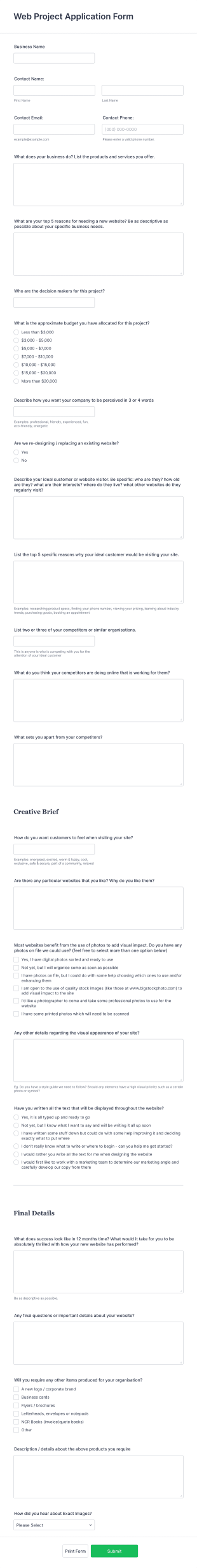 Web Project Application Form Template