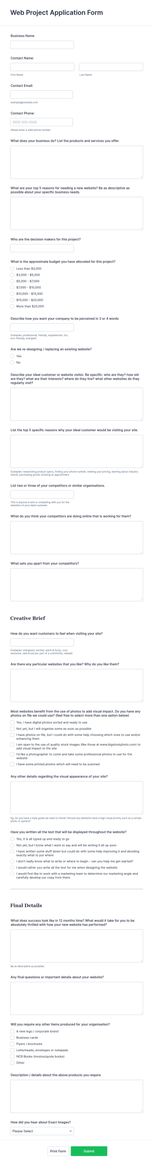 Web Project Application Form Template