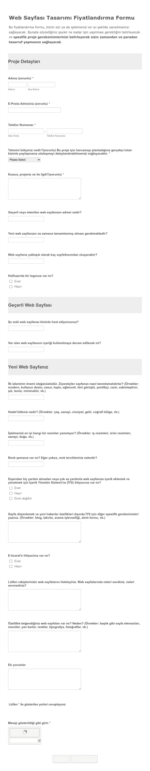 Web Sayfası Tasarımı Sipariş Form Şablonu