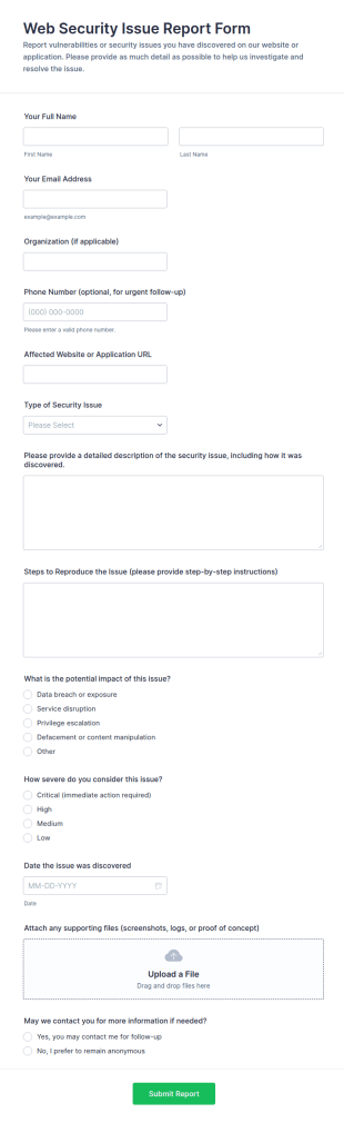 Web Security Issue Report Form Template